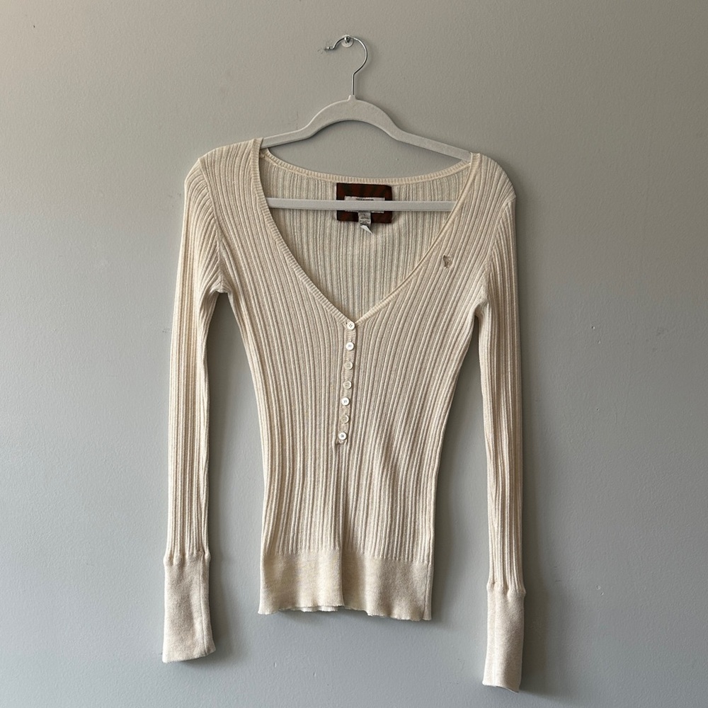 Vintage Abercrombie & Fitch Cream Ribbed Long Sleeve Henley Top